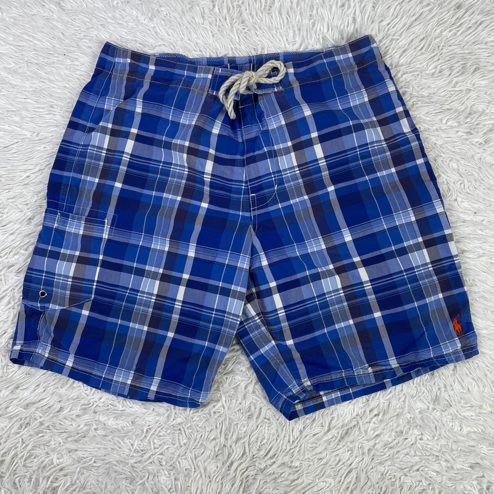 Polo Ralph Lauren Shorts Mens 34 Blue Plaid Board Short Linerless Swim Trunk‎ 9"